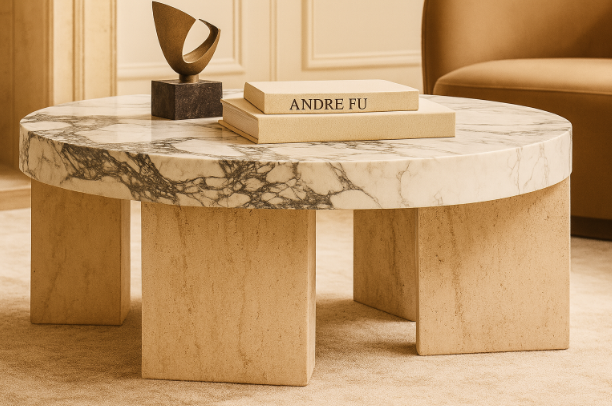 Omara – Arabescato & Travertine Coffee Table (PRE-ORDER)