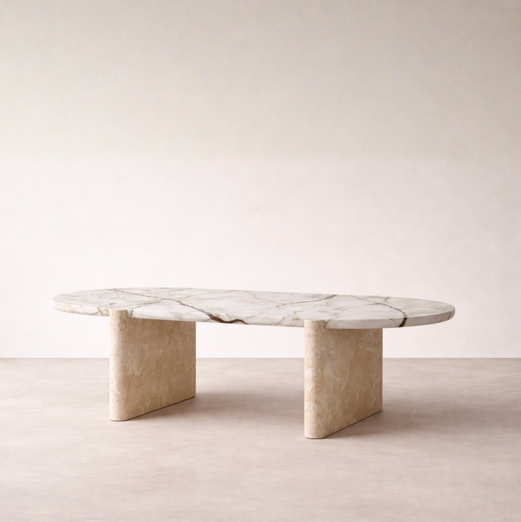 Double Solace – Calacatta Marble & Travertine Dining Table